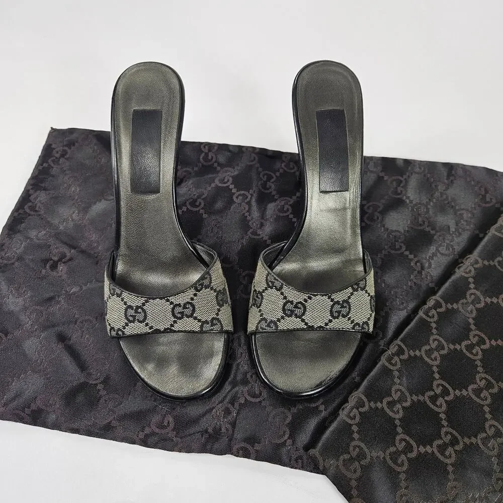 Y2k Gucci by Tom Ford Monogram Mules Pumps Gray Vintage - Size 36.5 EU